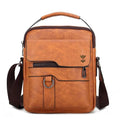 Khaki coloured rectangular men's casual shoulder bag with a single diagonal strap, shown with zipper open.