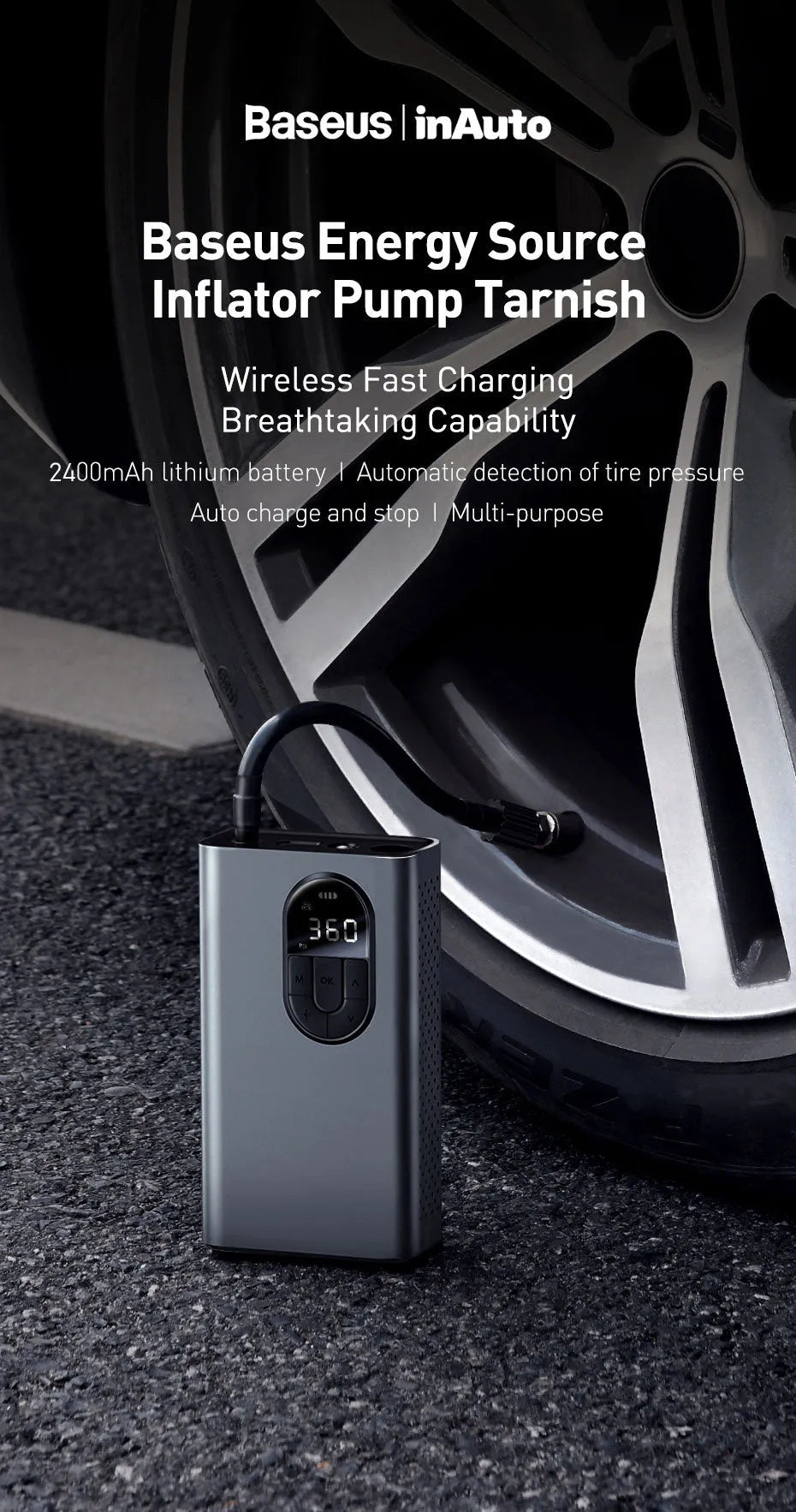 Baseus Energy Pump Inflator 54W portable car tyre air pump with 2400mAh battery and digital display