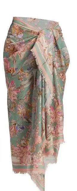 Women's creamy white floral bikini set with skirt in sizes S to XXL