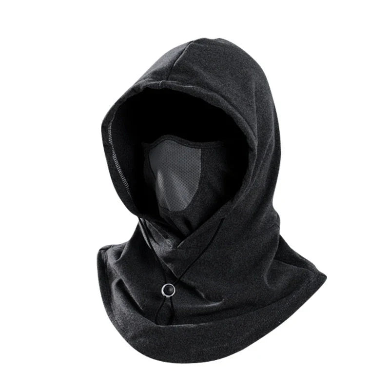 Versatile winter sports mask and hood made of soft, breathable fleece with adjustable drawstring for customized fit