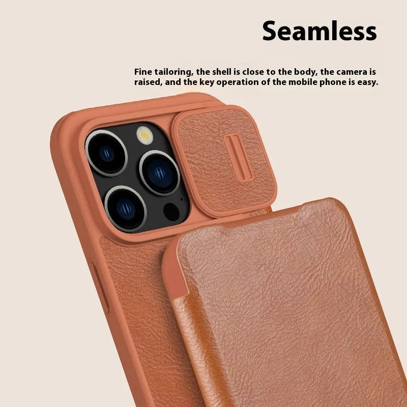 PRO imitation leather flip phone case for iPhone 15 models in black, brown, or red.