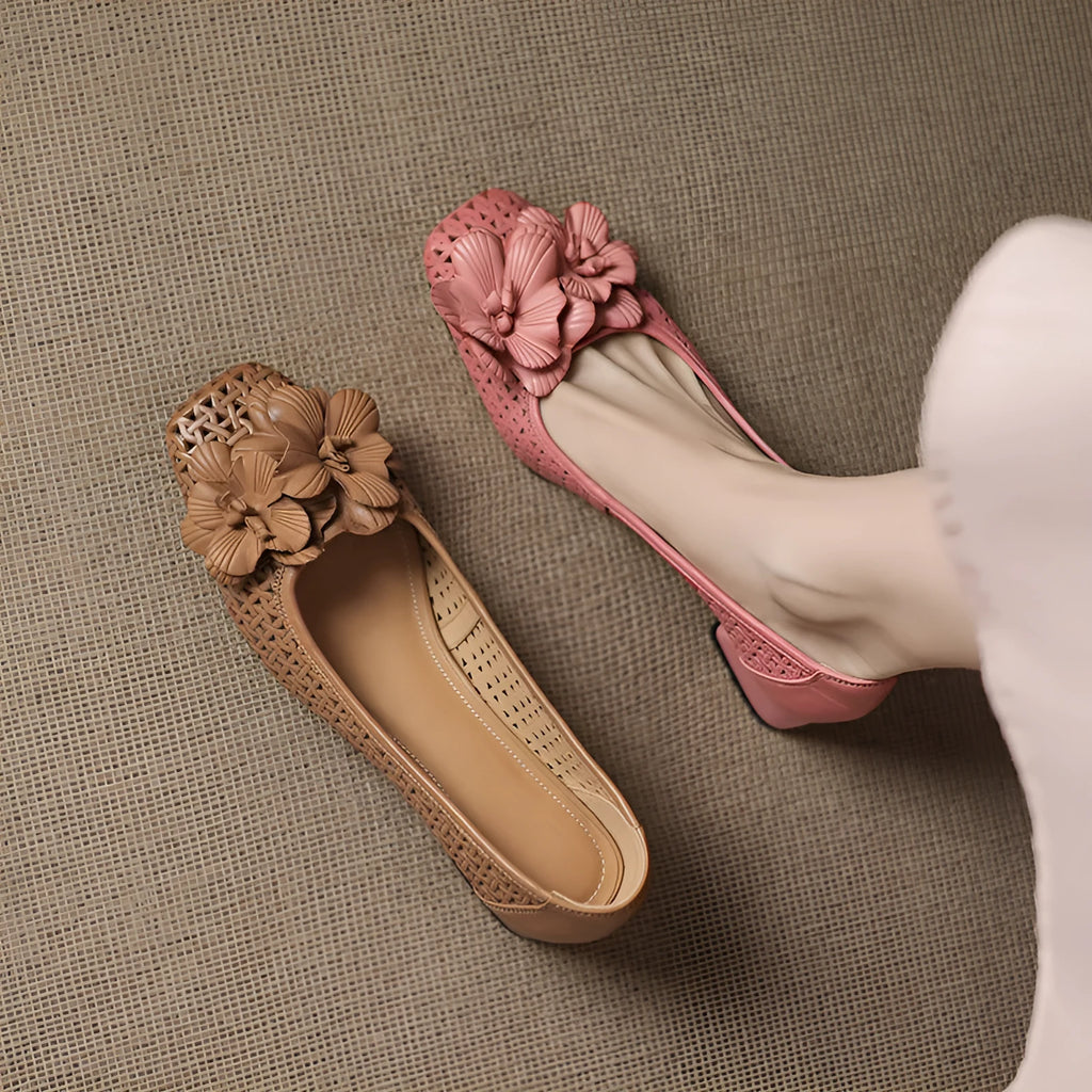 Women's light brown leather pumps with woven texture and hollow cut-out design on mid-height beef tendon soles