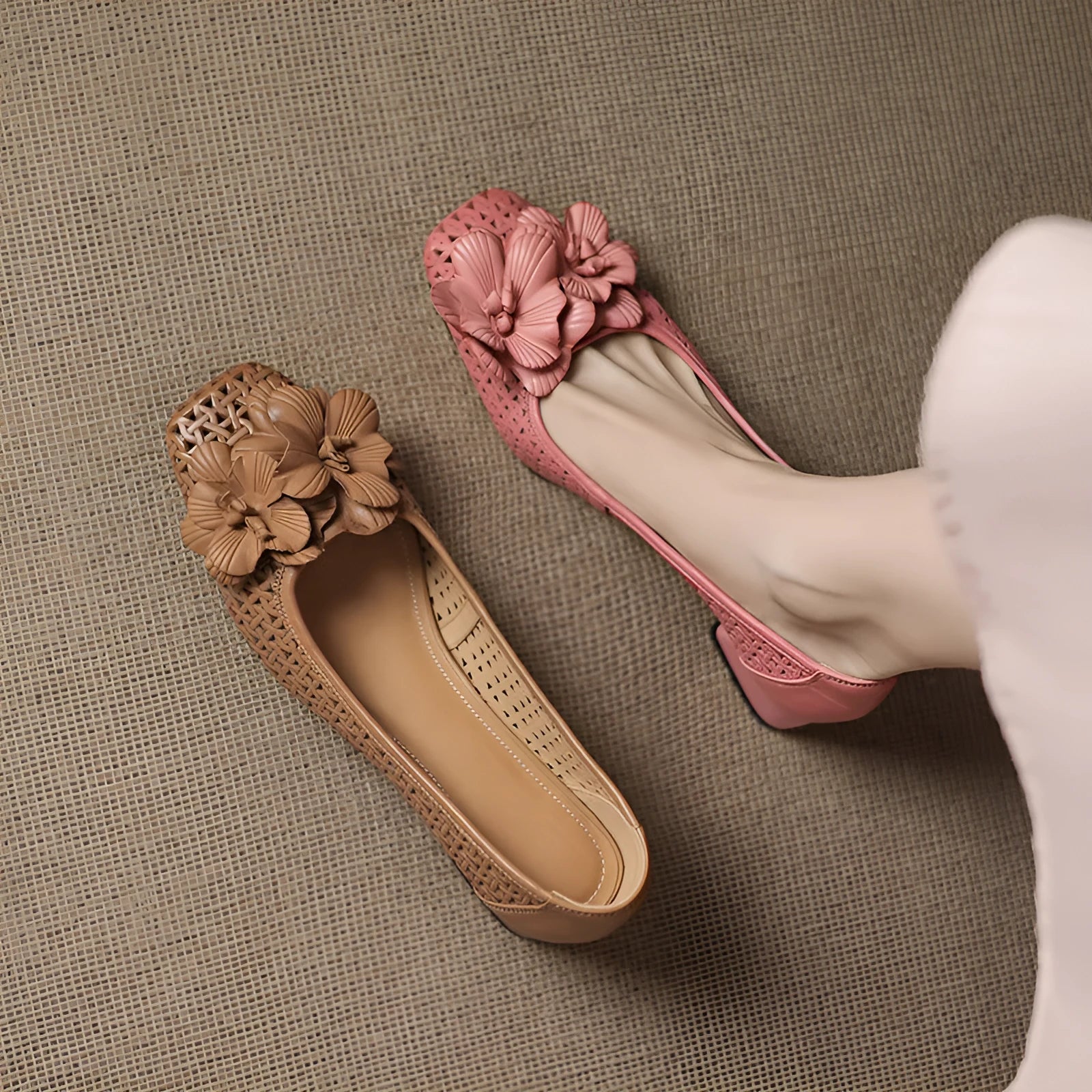 Women's light brown leather pumps with woven texture and hollow cut-out design on mid-height beef tendon soles