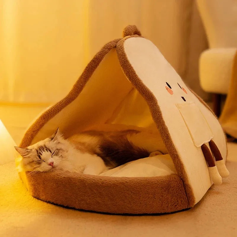 Green winter cat tent with blanket inside showing deep cave design for pet sleeping