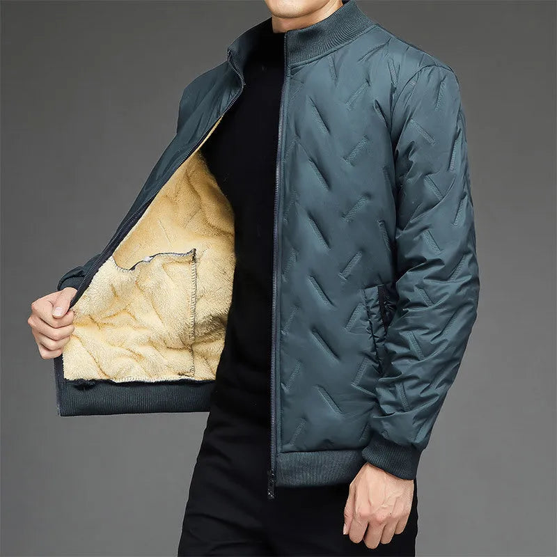 Men's fleece-lined stand collar cotton-padded winter coat in khaki, thickened polyester, 50cm length