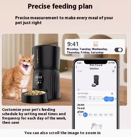 Black and white automatic pet feeder with digital display and USB connection