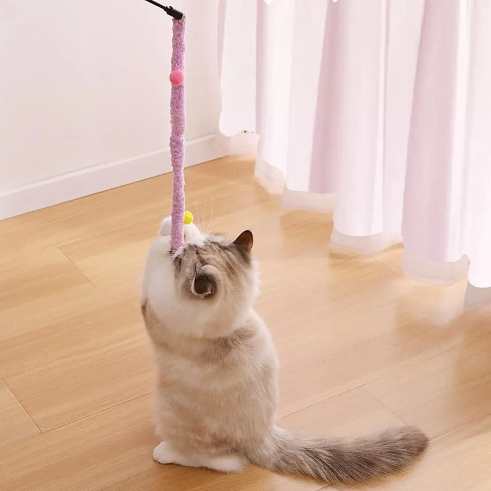 Blue cat teaser wand with long plush strip and bell on a 41cm pole.