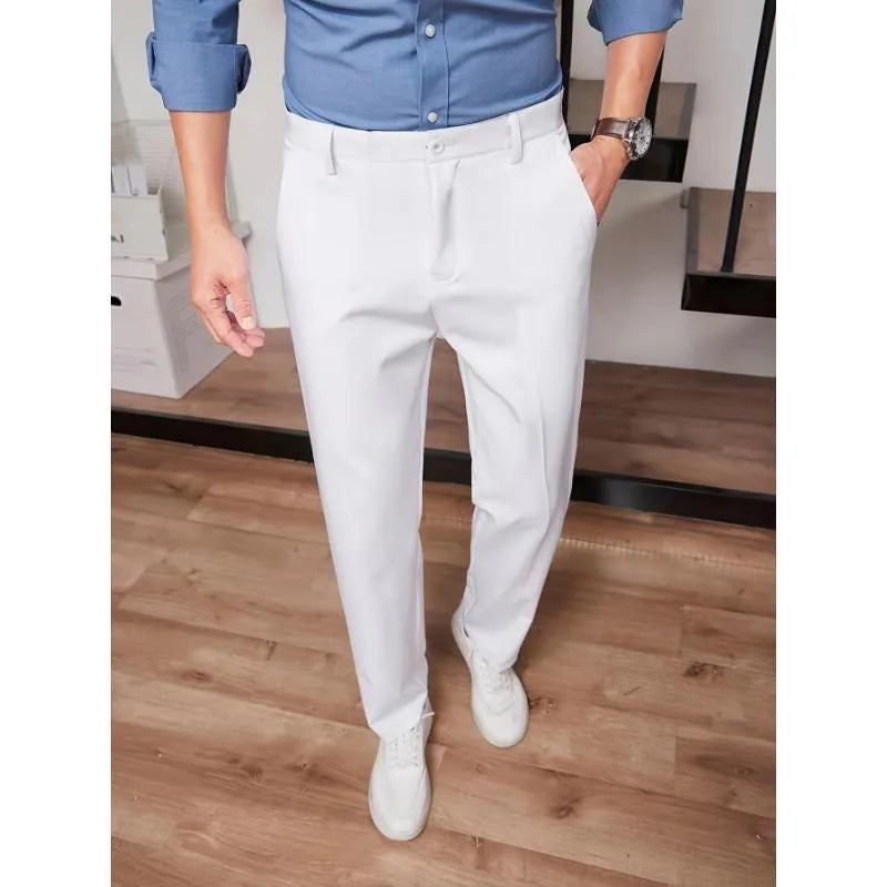 Men's straight high-waisted black casual pants in bamboo blend fabric, elastic waist, cropped leg