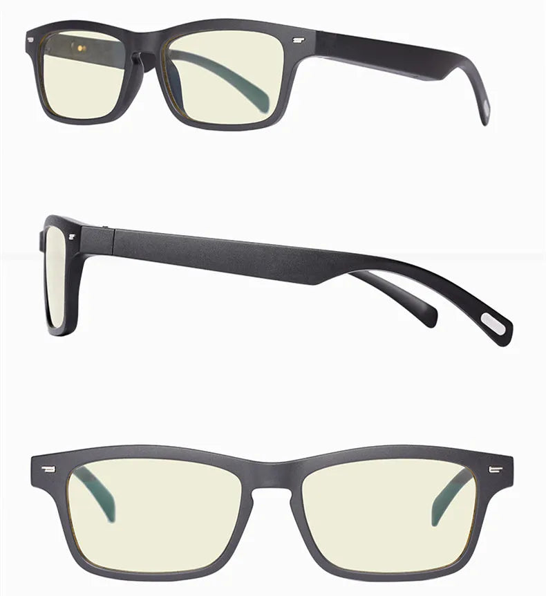 Smart glasses with semi-open Bluetooth audio speakers on temples and dark UV400 protective lenses.