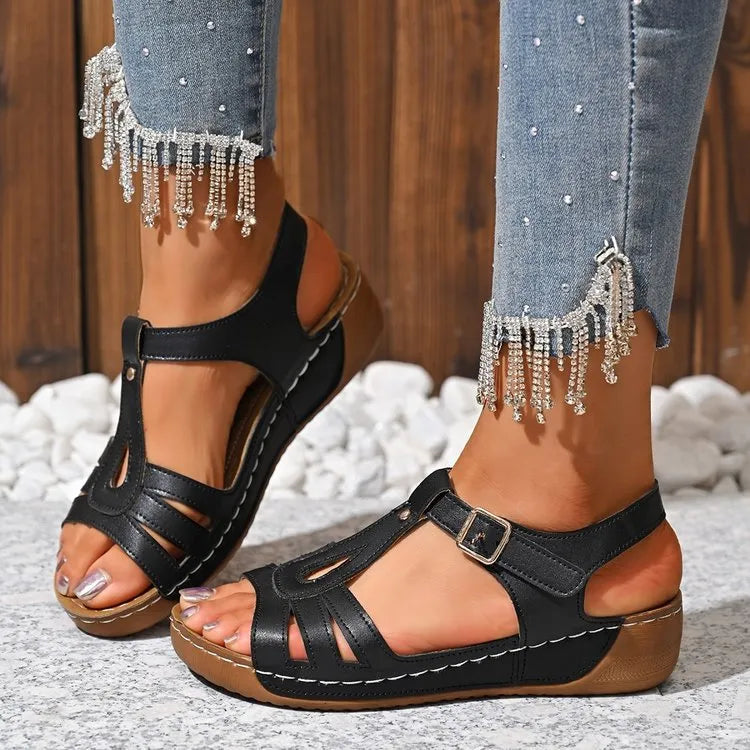 Women's casual PU sandals with ankle-strap buckle, round toe, dark brown colour