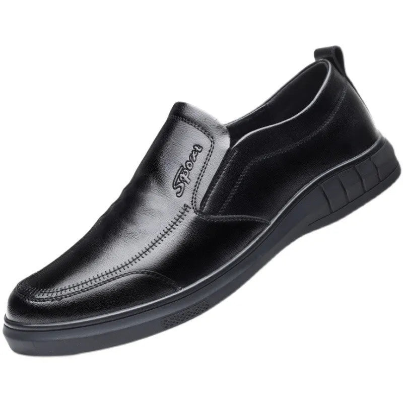 Men's black casual leather shoes with non-slip soft sole and round toe on a white background