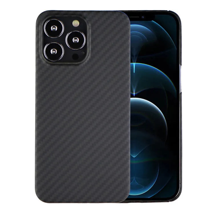Dull black Kevlar fibre iPhone case with textured volcanic crater pattern and MagSafe magnetic rings