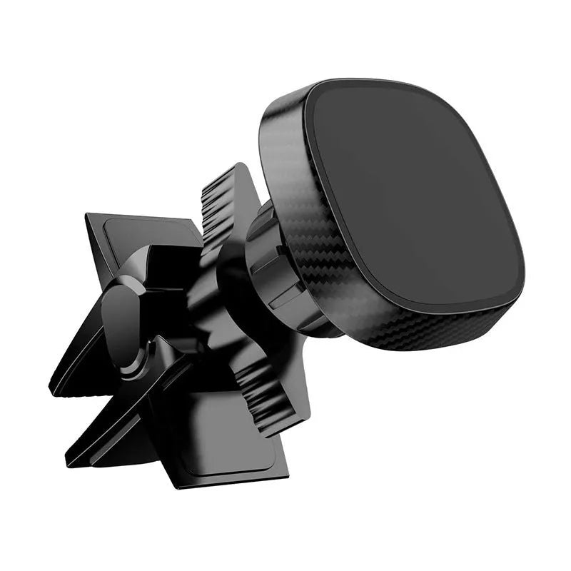 Black magnetic car air vent phone holder attached to vehicle air conditioning outlet