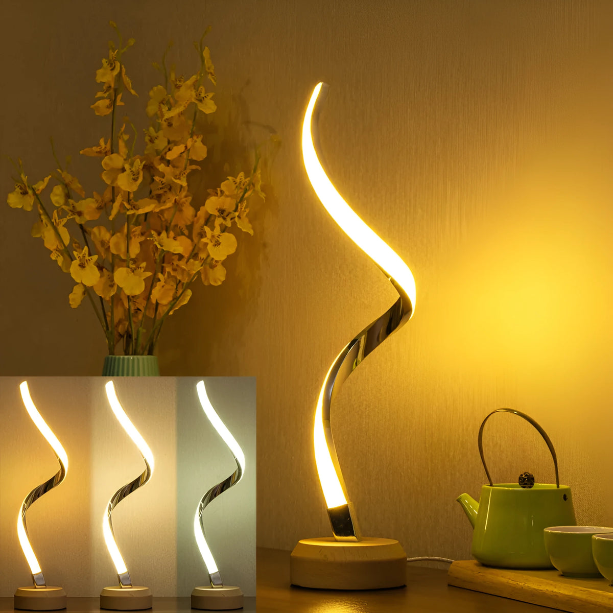 LED spiral table lamp with wooden base, USB power, touch dimming, and warm white light panel for bedside or desk.