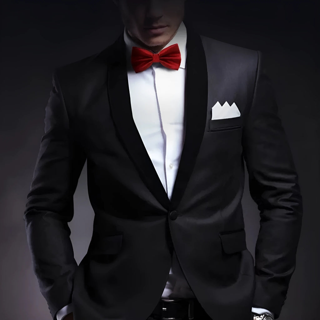 Men's solid colour formal bow tie with flat head design showing 12x6cm dimensions in polyester construction
