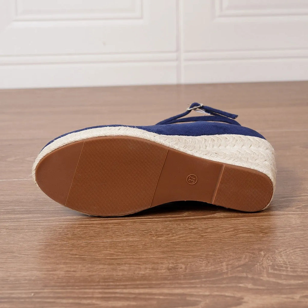 Dark blue suede straw woven wedge closed toe high heels sizes 34-43