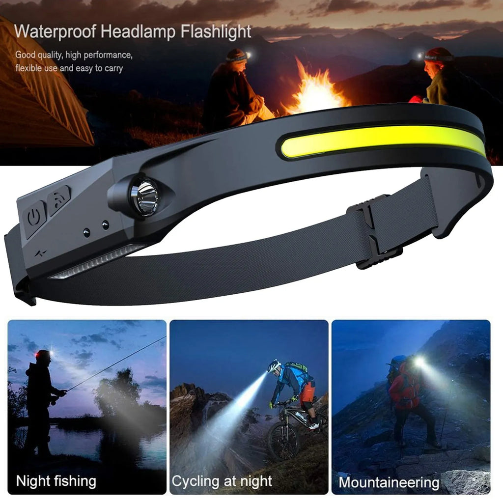 Black silicone USB rechargeable LED headlamp with wide beam and separate spotlight on adjustable strap.
