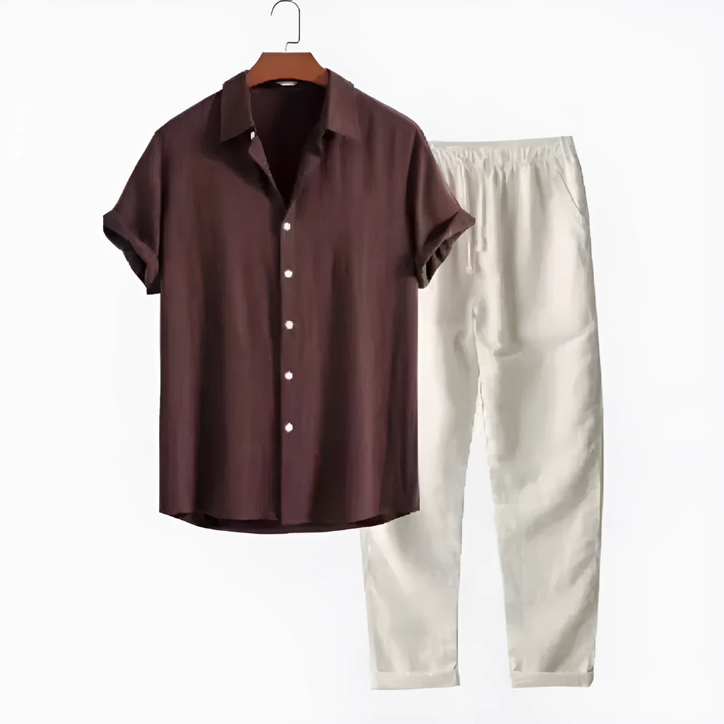 Men's casual linen-style shirt and trousers suit in loose fit with short sleeves