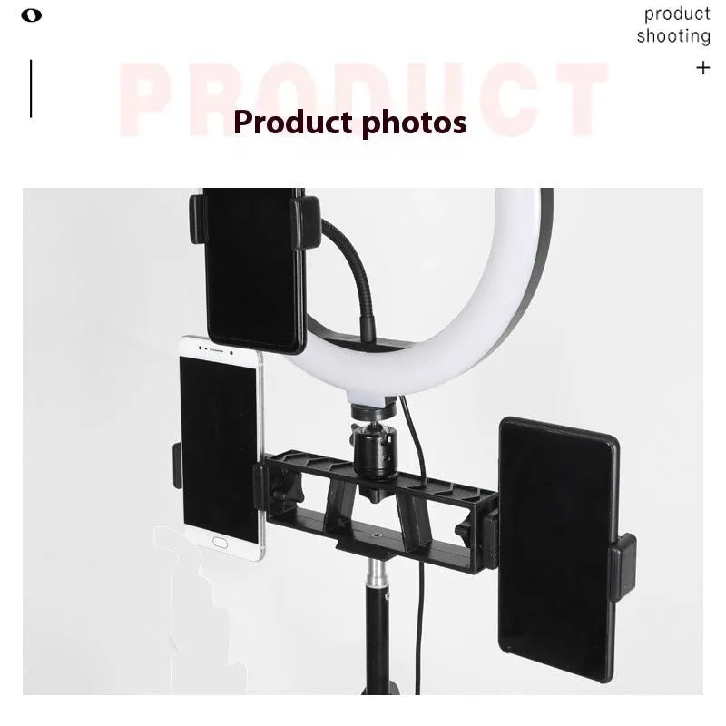 2.1m tripod floor stand with cross bar tray, three-phone holder, and microphone rod for live streaming