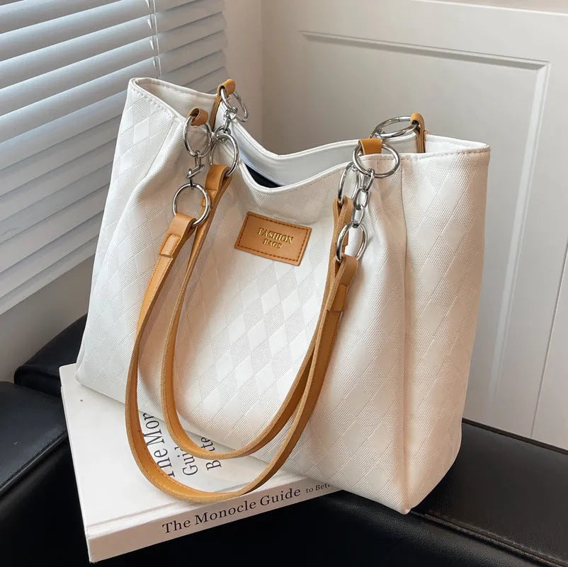 Rhombus pattern PU shoulder bag with chain strap and tote handles, 30cm width, colour contrast design, black
