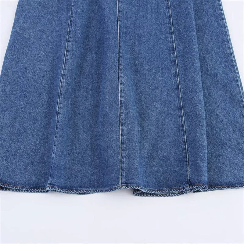 Off-the-shoulder backless halter neck denim dress for women with lace-up front and A-line skirt in picture colour