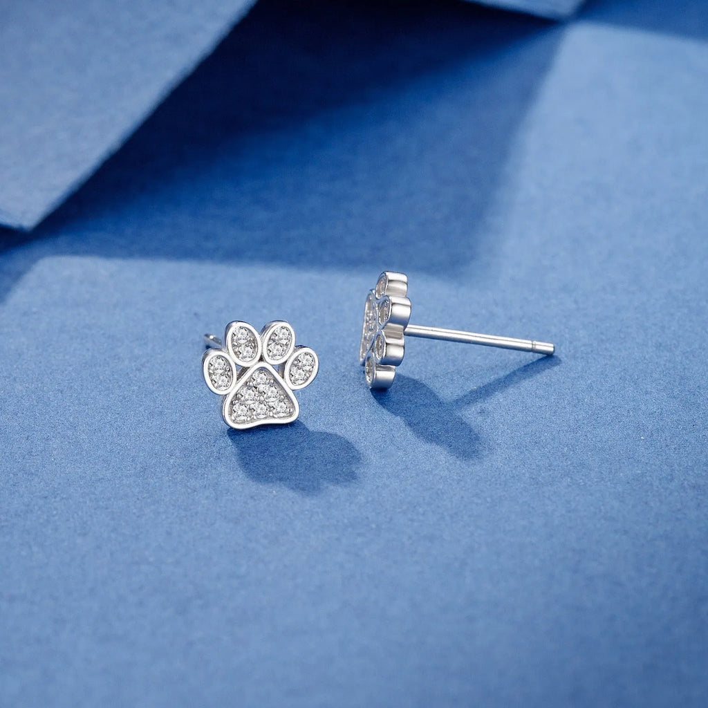 Full diamond 925 sterling silver cat's paw stud earrings in silver colour with zircon stones