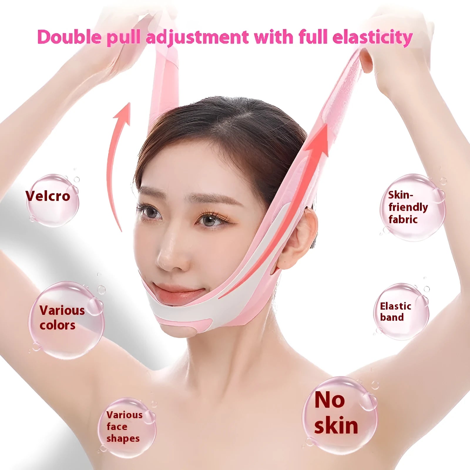 Pink and black elastic V face bandage with hook-and-loop fastening for facial contouring