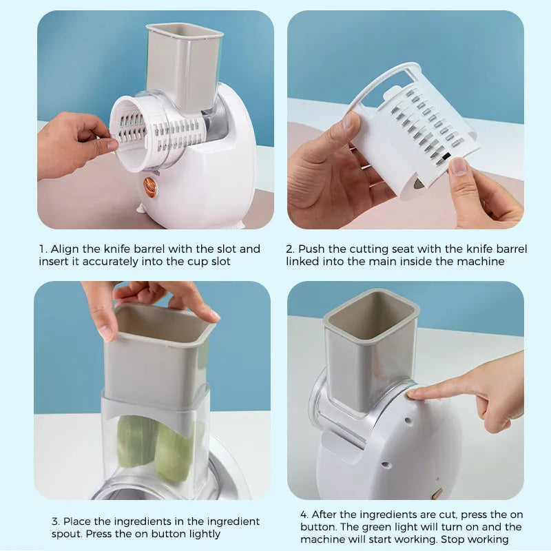 White electric vegetable slicer with rotary grater and suction base for kitchen use