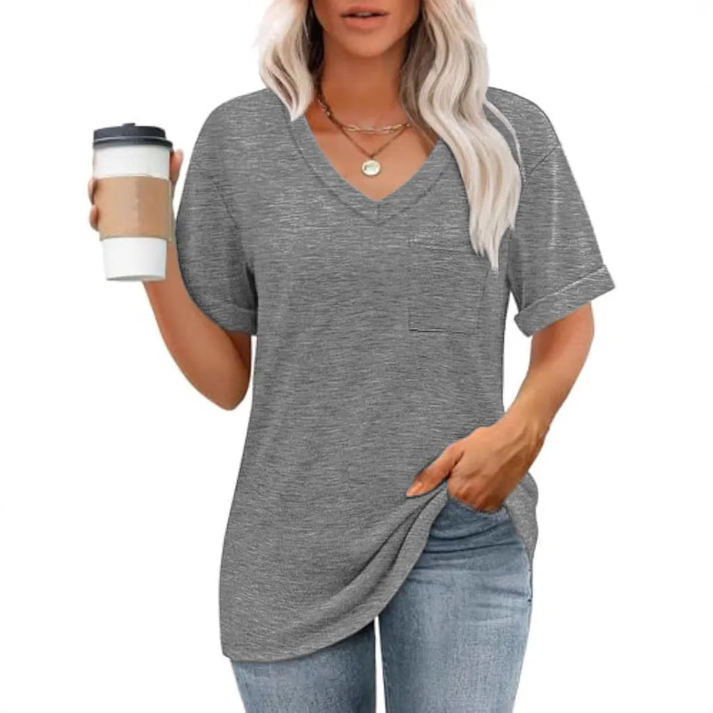 Grey loose V-neck t-shirt with front pocket in Japanese Korean casual style