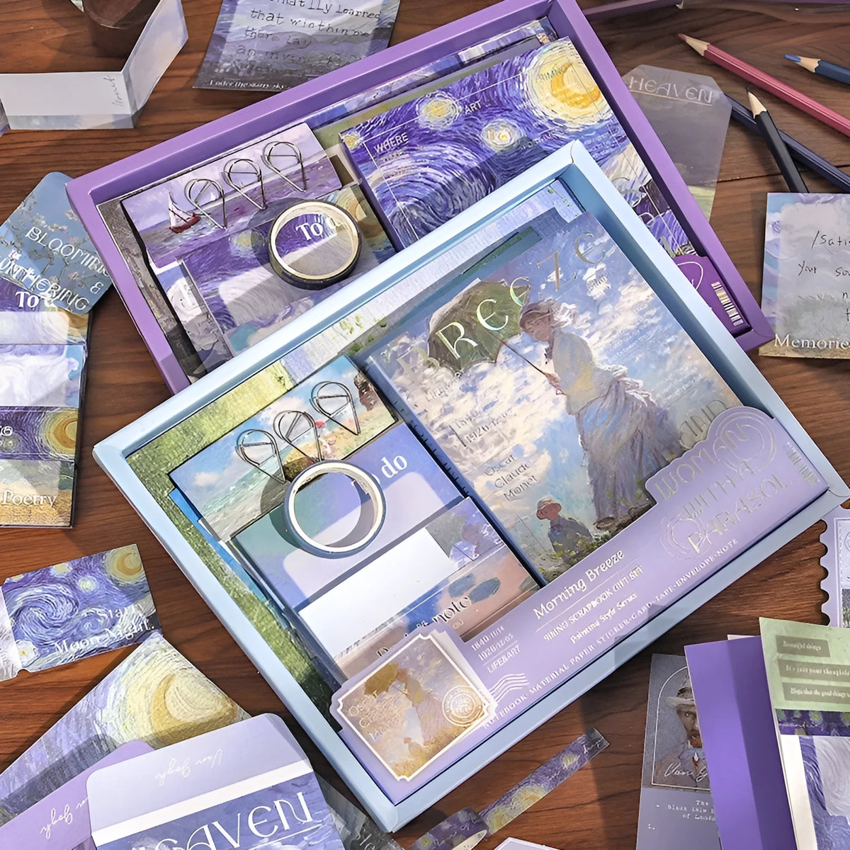 A6 creative journal gift box set with plaid notebook, decorative papers, cards, stickers, and artistic accessories