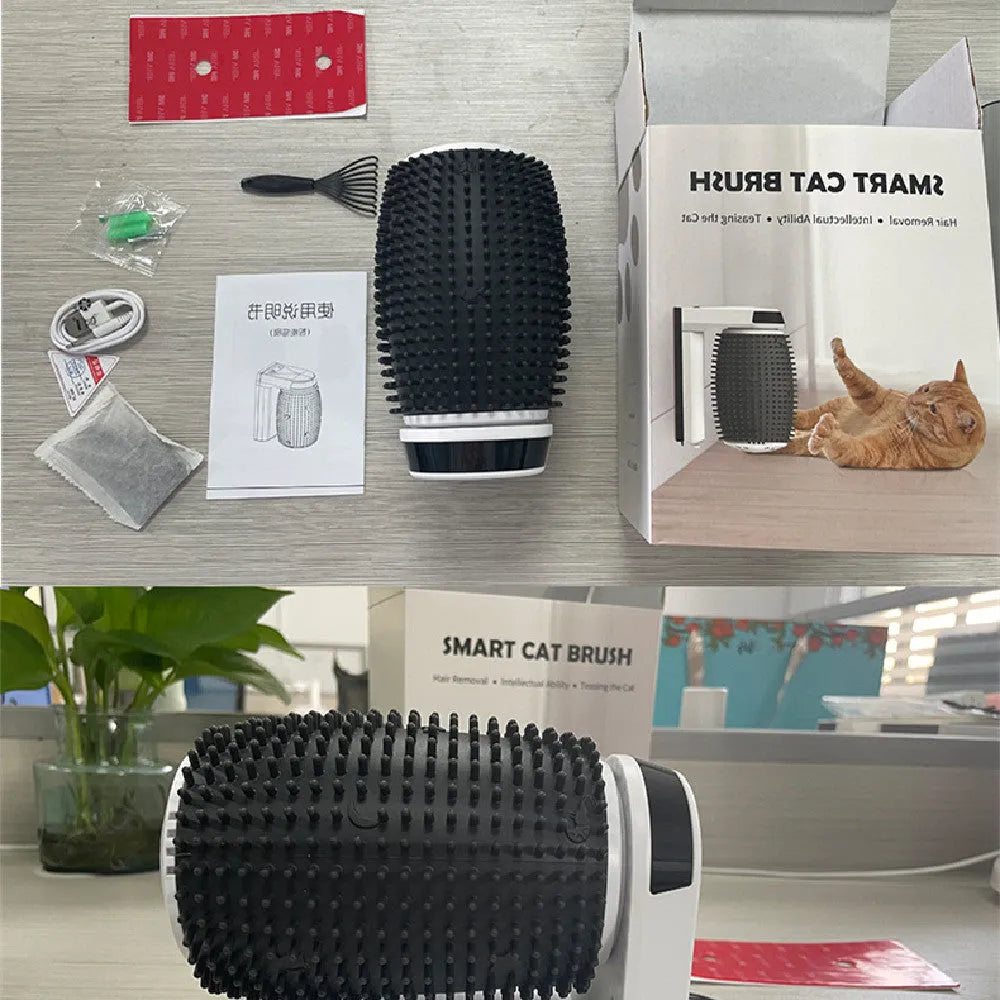 White automatic cat grooming brush mounted on a wall corner, showing USB cable and soft bristles.