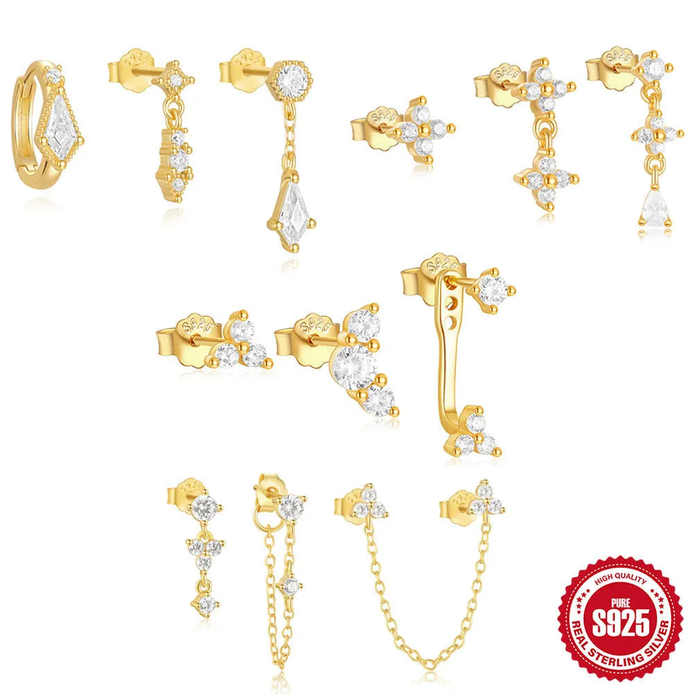 S925 sterling silver geometric zircon tassel earrings set in gold colour with three coordinated designs