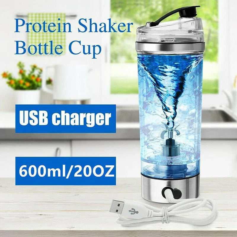Stainless steel colour USB rechargeable electric blender bottle with motorised lid and 600ml capacity.
