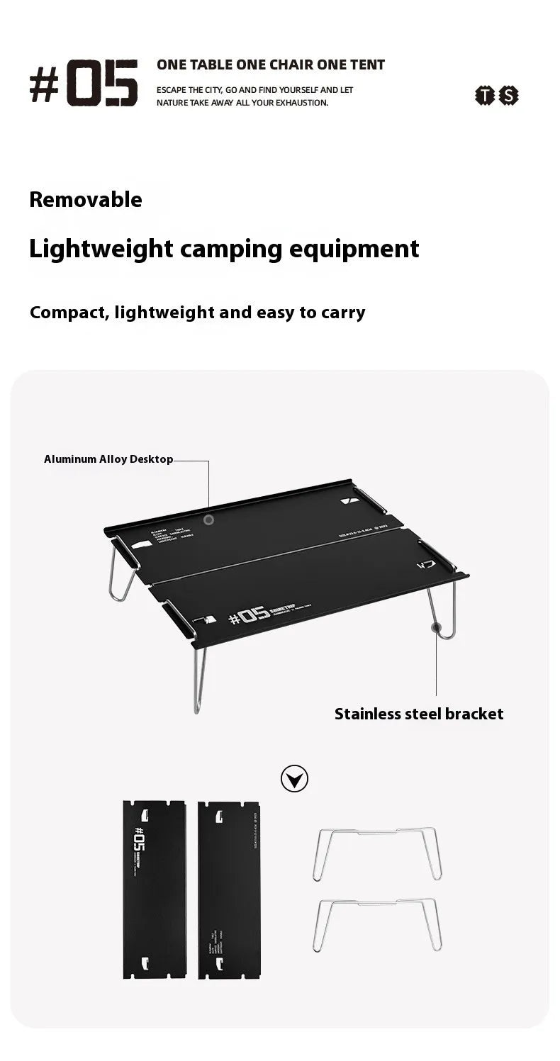 Aluminium alloy camping folding table shown in a folded position, available in black or grey colour.