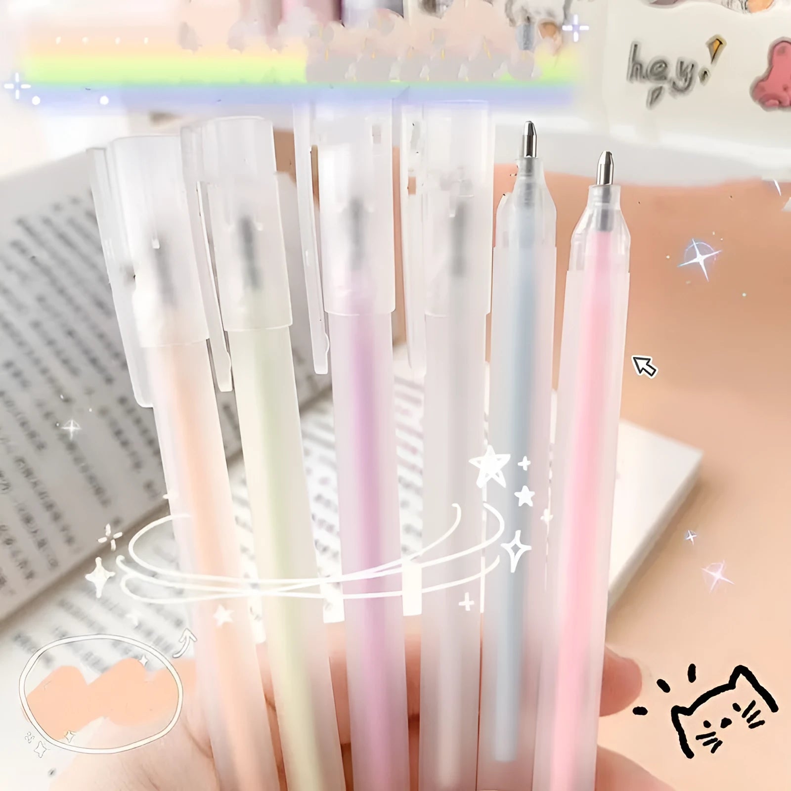 Macaroon-shaped plastic dispensing pen in assorted colours with a cap-pulling design.