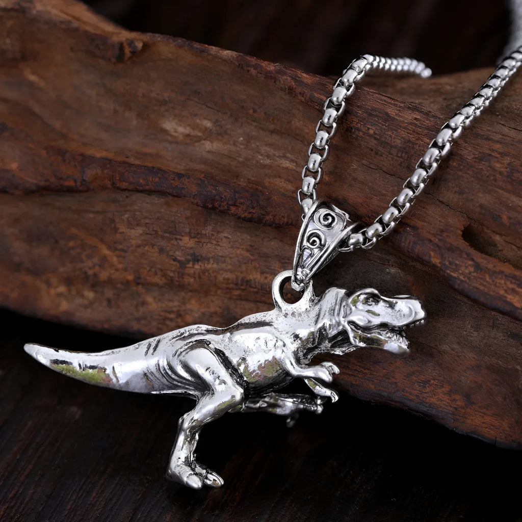 Titanium dinosaur pendant necklace in hip hop style, unisex versatile jewellery in dinosaur necklace colour