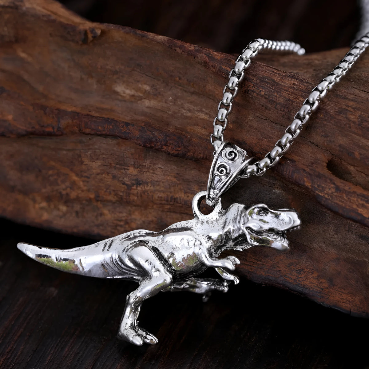 Titanium dinosaur pendant necklace in hip hop style, unisex versatile jewellery in dinosaur necklace colour