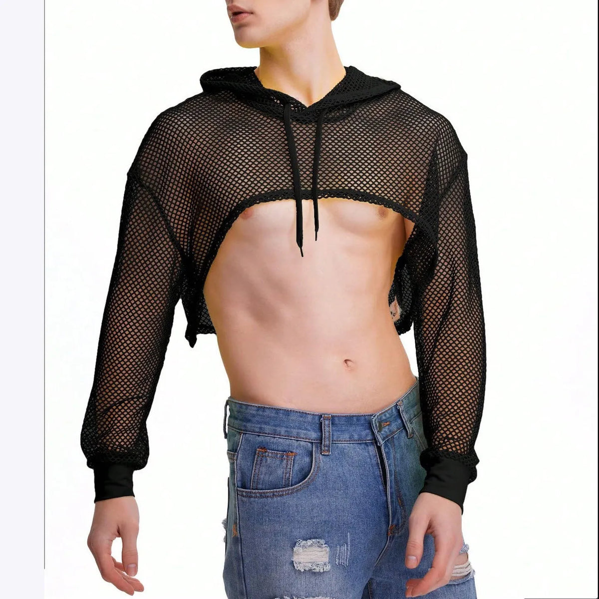 Black men's micro-transparent cutout long sleeve slim fit pullover top, cotton blend, sizes S-XXXL