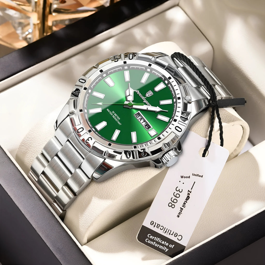 Swiss men's slim 6mm thick luminous waterproof watch in silver and gold colour options on a steel bracelet.