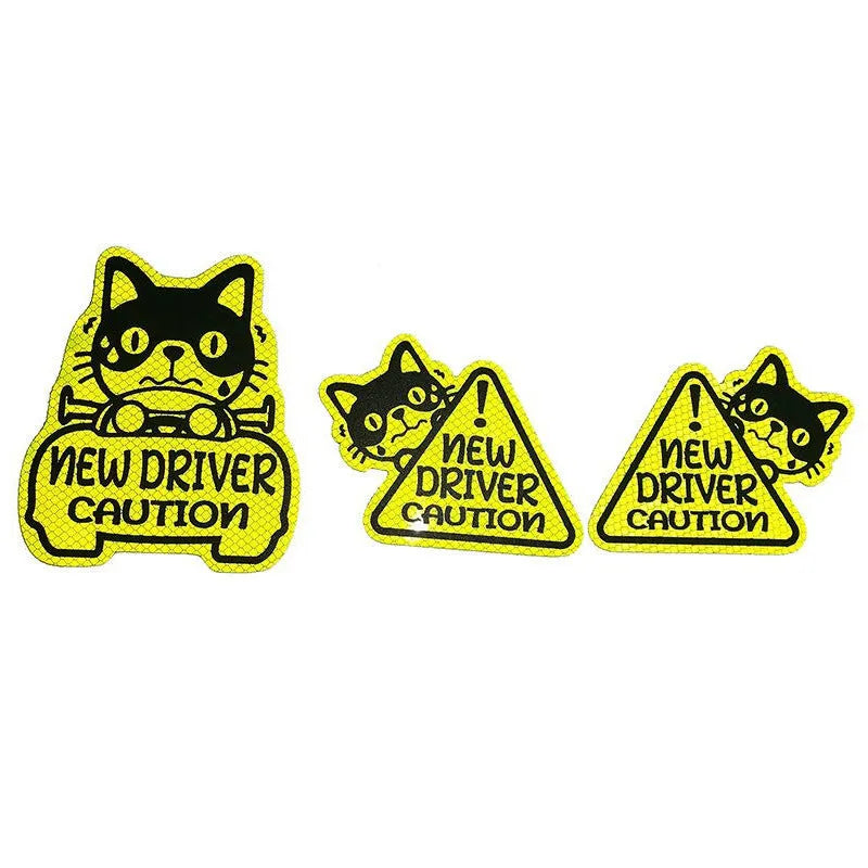 Set of three magnetic reflective stickers with cat, panda, and duck designs for waterproof safety use.