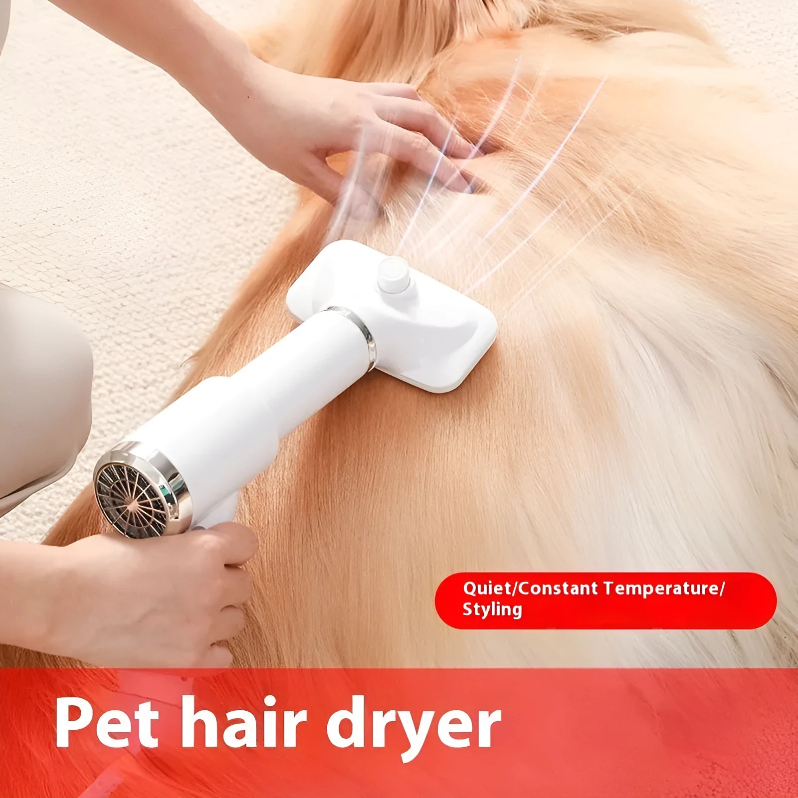 A beige pet hair dryer and a blue whirlpool comb for dog grooming and deshedding.