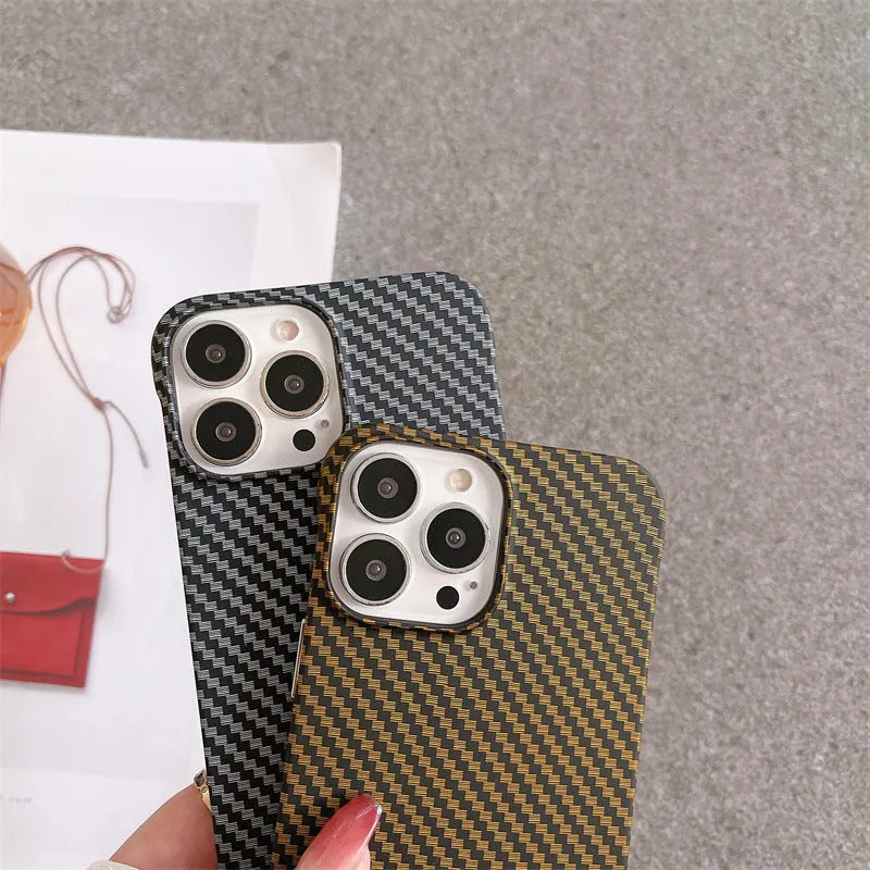 Frameless carbon fibre pattern hard shell phone case with bracket in silver, gold, green, blue, and red for iPhone 12 to 16 Pro Max.