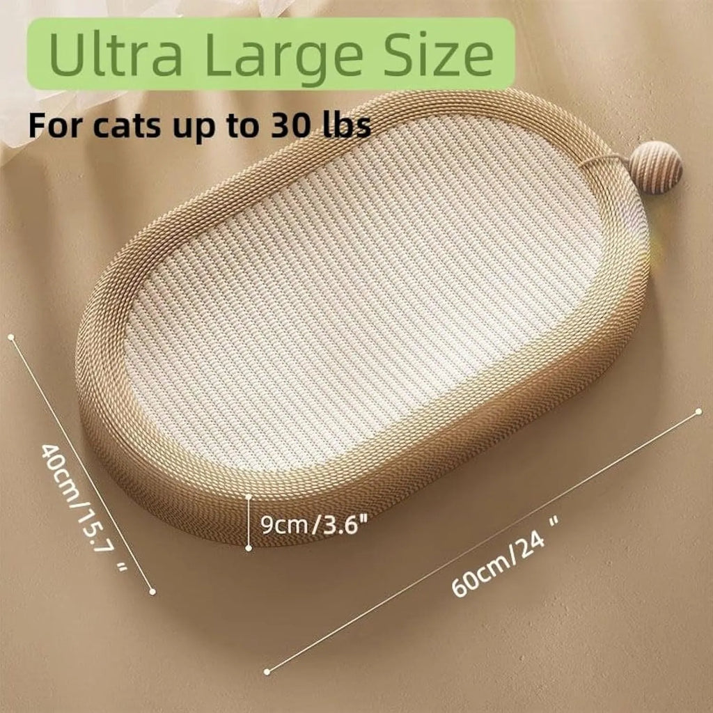 Large rectangular sisal cat scratching board with a grey cushioned cat bed attached on top.