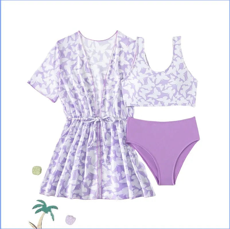 Three-piece polyester swimsuit set for girls aged 8-12 in colour 3218 with coat, vest, and pants