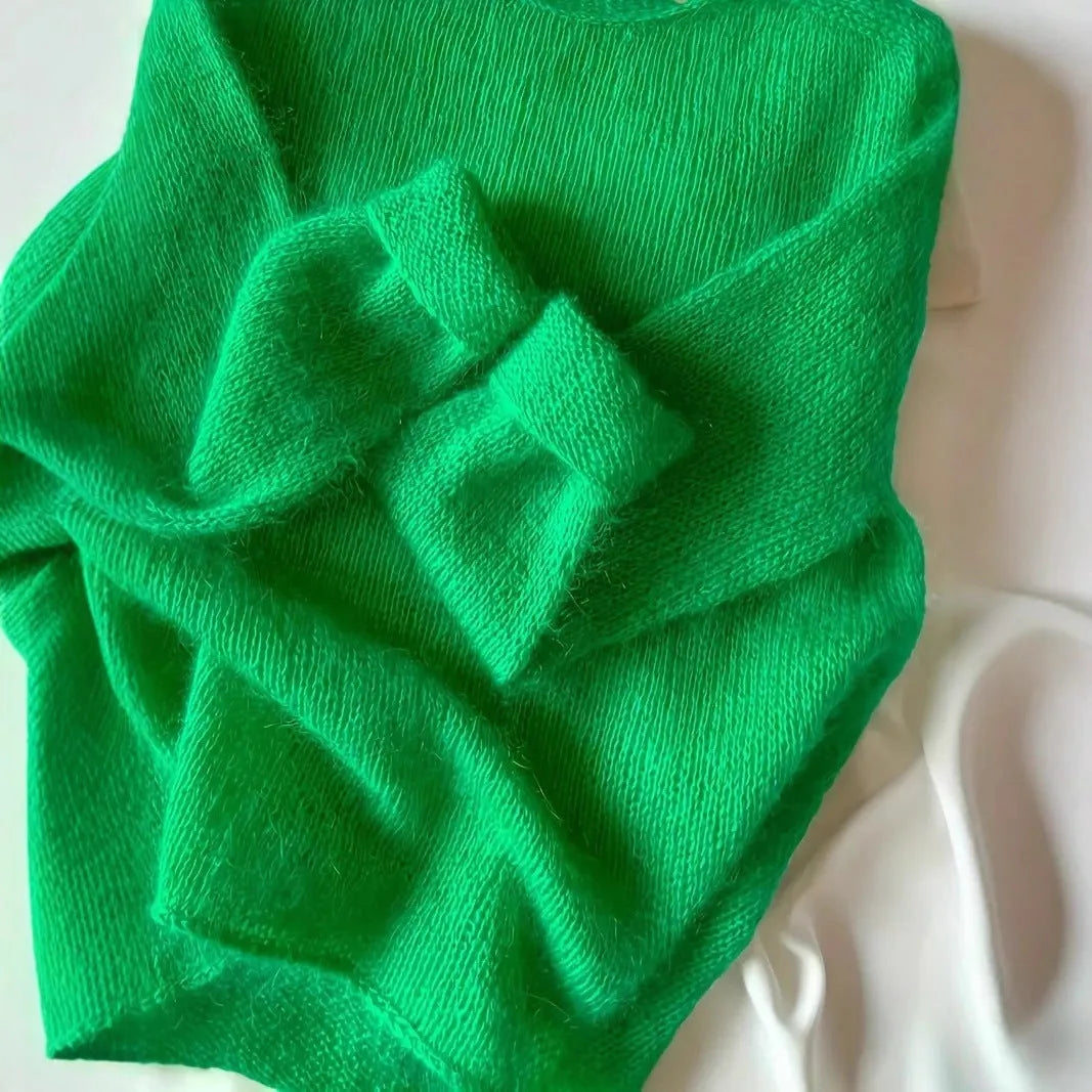 Women's green crew neck loose pullover sweater with long sleeves, polyester knitwear, sizes S M L