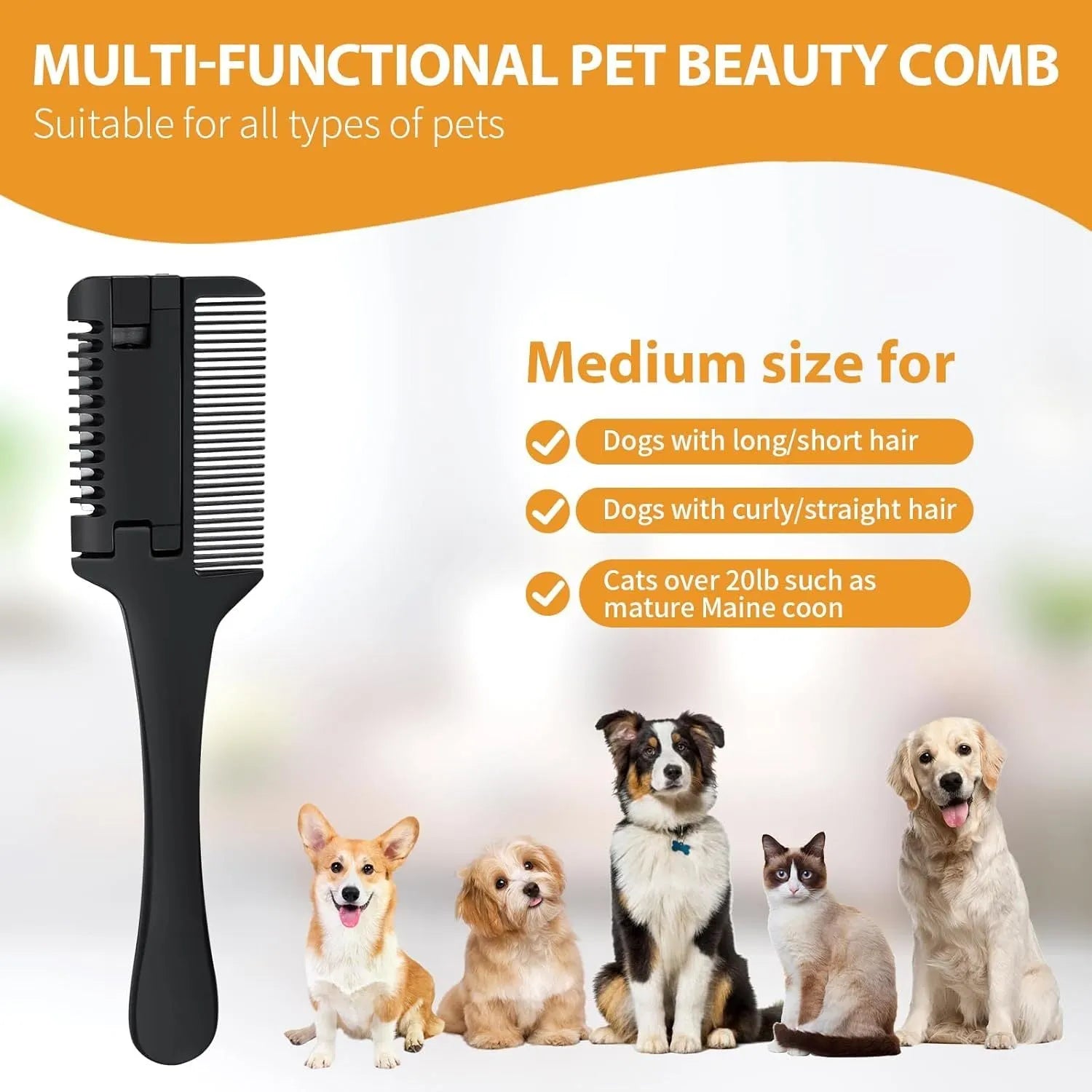 Pet razor comb with comb teeth and integrated grooming blade for dogs and cats.