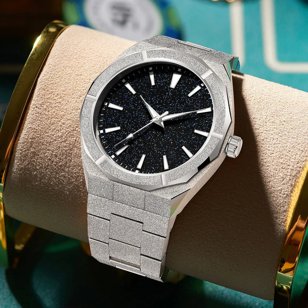Men's frosted stainless steel business watch with luminous hands in black, gold or silver