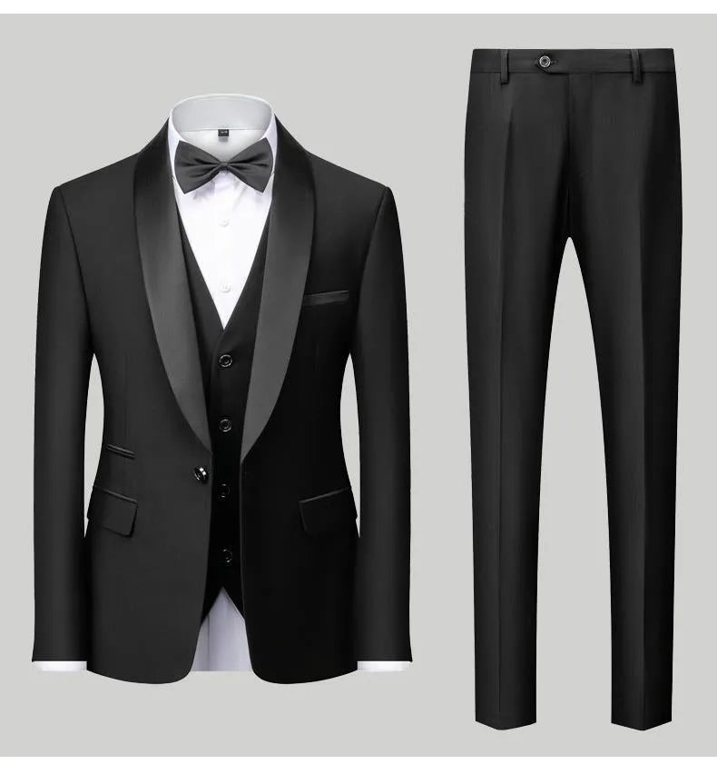 Men's three-piece slim fit suit set with green fruit collar in black and other colours, sizes S to 6XL