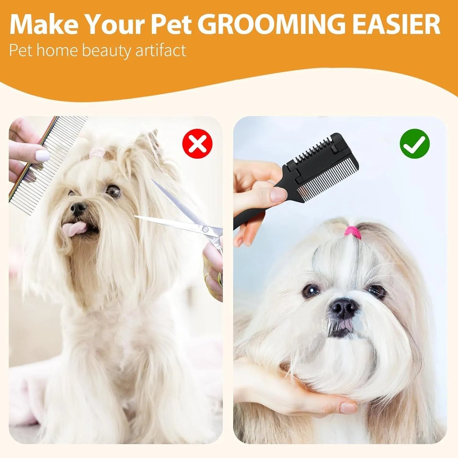 Pet razor comb with comb teeth and integrated grooming blade for dogs and cats.