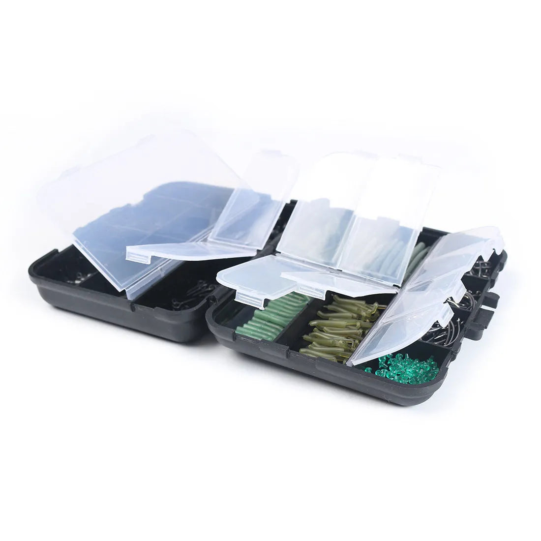420-piece space beam fishing accessories set in a 12cm x 9.5cm x 3cm box with hooks, swivels, pins, and hoses